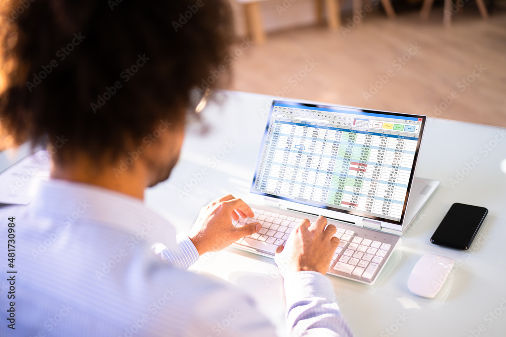 Poster data analyst african man using spreadsheet