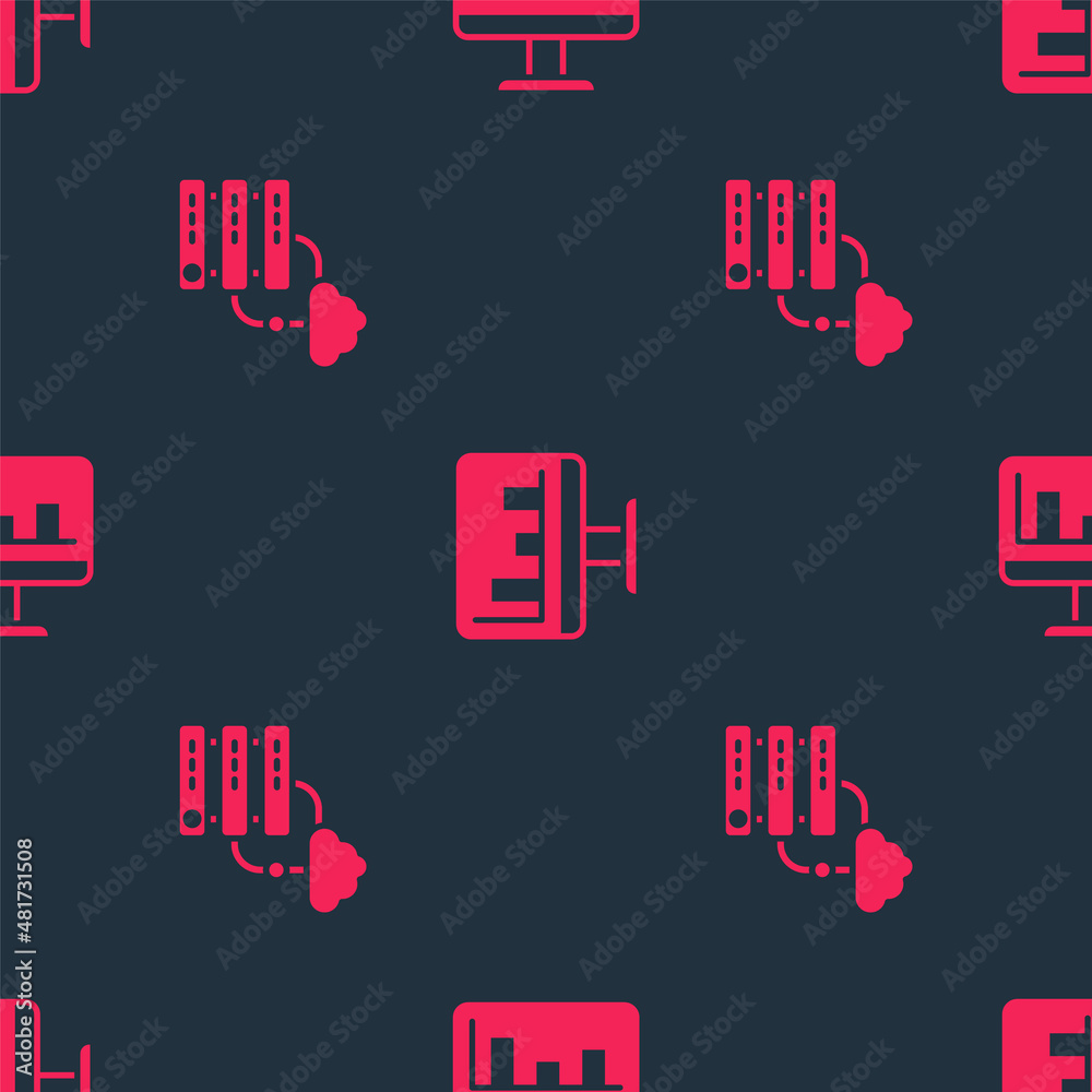 Poster set network cloud connection and monitor with graph chart on seamless pattern. vector