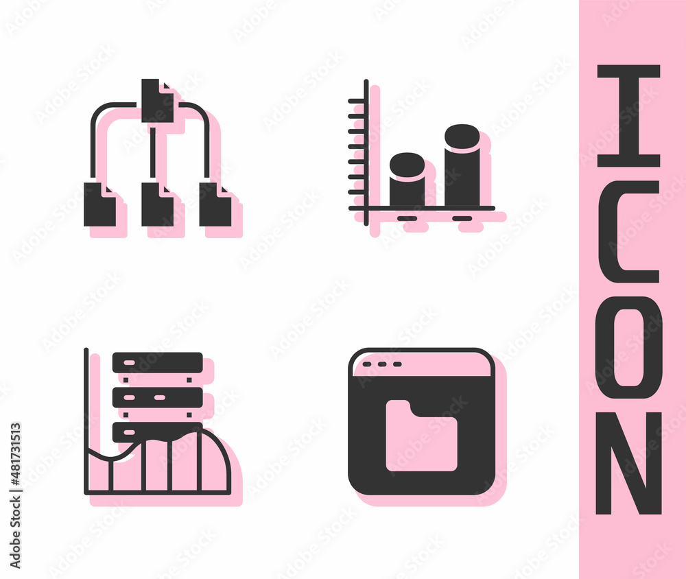 Poster set browser files, folder tree, server, data, web hosting and analysis icon. vector