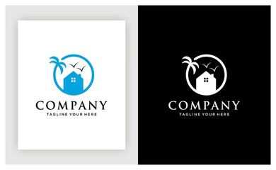 house with palm tree logo vector, tropical beach home or hotel icon design illustration. on a black and white background.