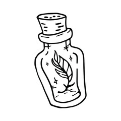 Magic Bottle with feather. Hand drawn vector illustration.