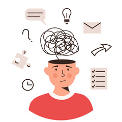Human head with many thoughts, task and ideas. Child or adult with ADHD syndrome. Attention deficit hyperactivity disorder. Mental health, psychology concept. Vector flat style illustration. - obrazy, fototapety, plakaty