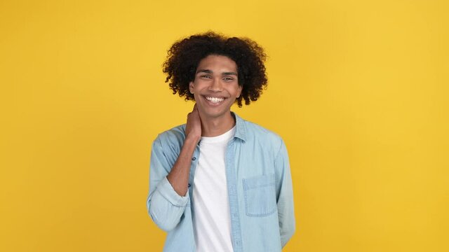 Glad guy beaming smiling in camera isolated shine color background