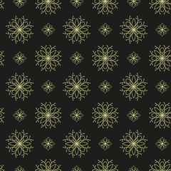 Vintage seamless pattern with gold flowers on black background for textile and paper design.