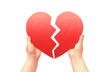 割れたハートを持つ手ハートブレイク　失恋　いじめ誹謗中傷　挫折　助けて心のサインイメージ白背景素材