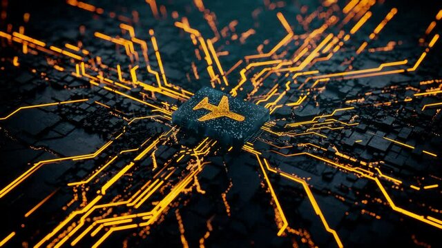 Flight Technology Concept with airplane symbol on a Microchip. Orange Neon Data flows from the CPU across a Futuristic Motherboard. Seamless Loop.