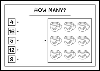 How many christmas mug, game for children. Vector illustration, printable worksheet
