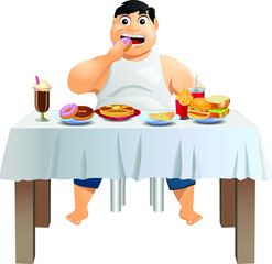 Overweight obese eating junk food on the table