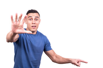 Fototapeta premium Man gesturing to stand up and pointing one side