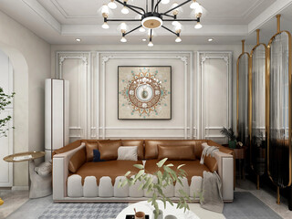 3d American decoration design living room rendering sofa background