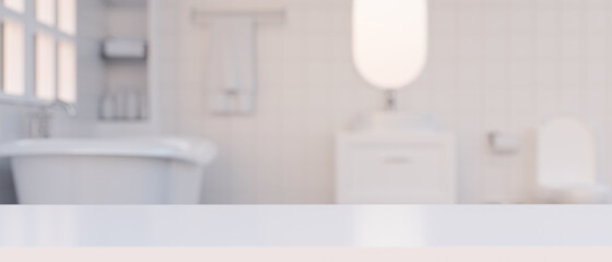 Fototapeta na wymiar Copy space on white tabletop over blurred luxury white bathroom interior