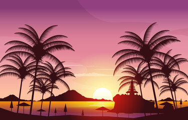 Fototapeta na wymiar Beautiful Sunset Tanah Lot Beach Bali Cliff Landscape View Illustration