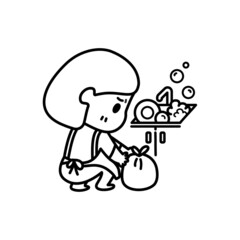 This character is a mother washing dishes and cleaning trash.