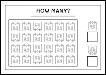 How many christmas calendar, game for children. Vector illustration, printable worksheet