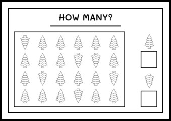 How many christmas tree, game for children. Vector illustration, printable worksheet