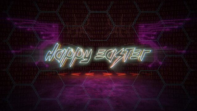 Happy Easter with computer numbers and neon grid, motion abstract holidays, futuristic and cyberpunk style background