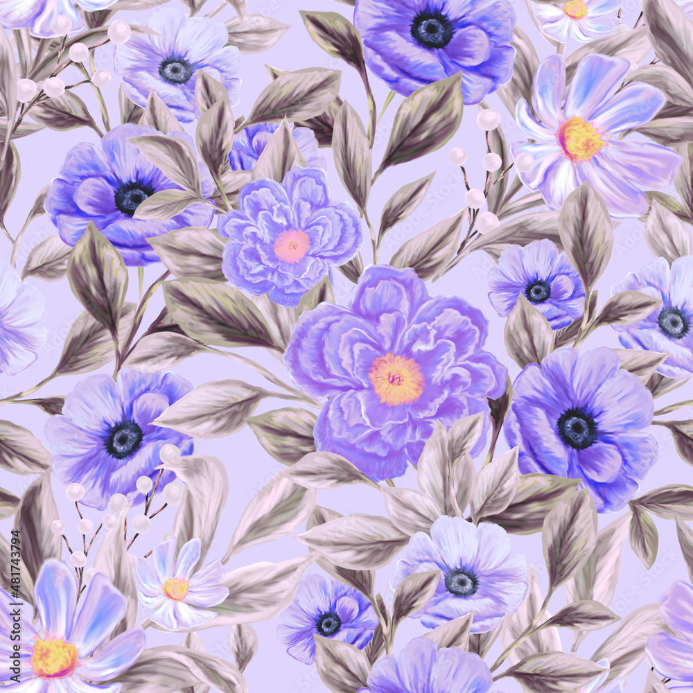 Wall mural Spring flowers seamless pattern. Botanical background. Arrangement of pink and white wildflowers.