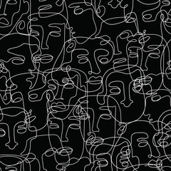 Modern minimalistic art seamless pattern of continuous line drawing faces. Vector trendy outline hand drawn portraits illustration 