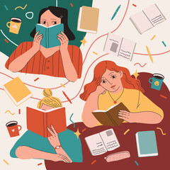 Collection of pretty girls reading books. Hand drawn vector female illustration of pretty young women with office supplies: books, notebooks,pens, cups of coffee  on abstract background. 