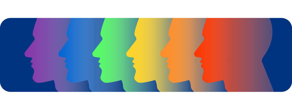 Ilustracao silhueta cabecas LGBT, arco iris, gay, lesbica, lesbicas, amor, romance, comunidade gay, rainbow, pride, love is love, gay, comunidade, LGBT, LGBTQ, representatividade, homem, mulher