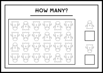 How many Ghost, game for children. Vector illustration, printable worksheet