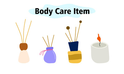 A set of aromatic items for the bathroom. Scented candle and sticks. Body care. Vector illustration in color design on a white background.