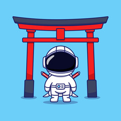 Cute astronaut carrying swords in front of torii gate