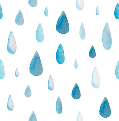 Hand drawn seamless pattern with watercolor rain drops isolated on white background - obrazy, fototapety, plakaty