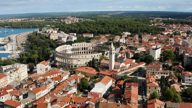 Panoramic View Of Pula City With Roman Amphitheatre In Istria County, Croatia. Aerial Wide