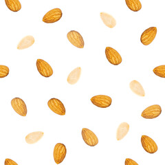 Almonds with almond slice for seamless pattern on white background