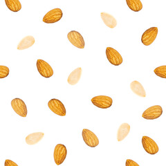 Almonds with almond slice for seamless pattern on white background