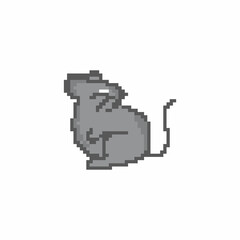 Fototapeta premium Gray pixel art sitting rat character isolated on white background. Domesitc animal icon.