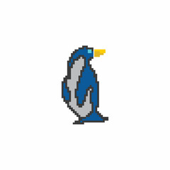 Old school 8 bit pixel art emperor penguin standing on the ground. Endangered species of Antarctica. Ocean bird icon isolated on white background.