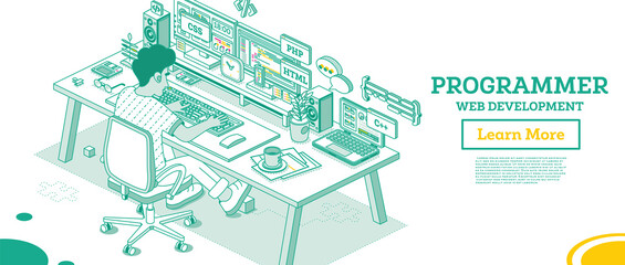 Programmer. Frontend or Backend Developer Sit on Chair with Wheels in Front of Two Monitors with Code.