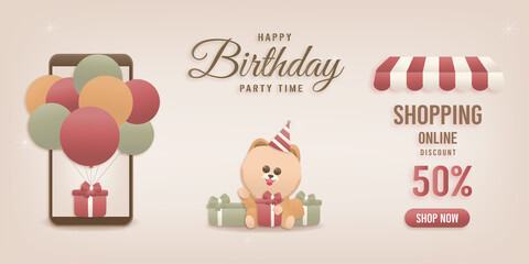Online promotion birthday theme, Voucher discount template, A brown dog is sitting near a gift box. Mobile with gift boxes and balloons. Paper And Craft Style Vector.