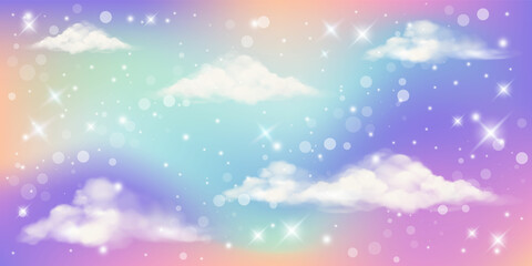 Holographic fantasy rainbow unicorn background with clouds and stars. Pastel color sky. Magical landscape, abstract fabulous pattern. Cute candy wallpaper. Vector. © Chorna_L