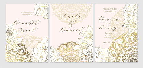Wedding invite templates with beautiful spring flowers and mandala. Gold outline of spring flowers on a light background.
