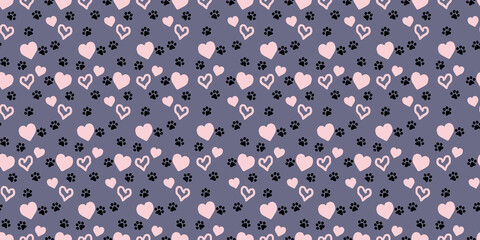 Seamless pattern with cute cat footprints and hearts. Ornament for children's textiles, typography.