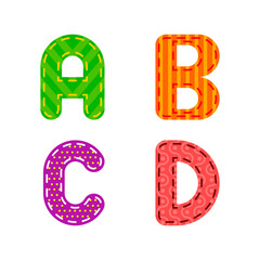 Children's alphabet in flat design. Embroidered letters A, B, C, D on an isolated white background. Vector stock illustration
