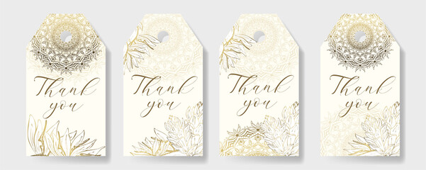 Set of gold flowers and mandala arranged in a shape design for Thank you tags, wedding tags, birthday tags, label, printable. 