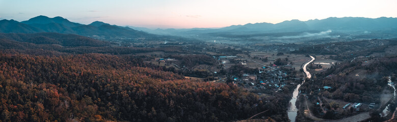 mountain scenery and trees in the autumn morning