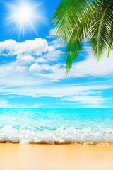 Tropical island paradise beach nature, blue sea wave, ocean water, green coconut palm tree leaves,...