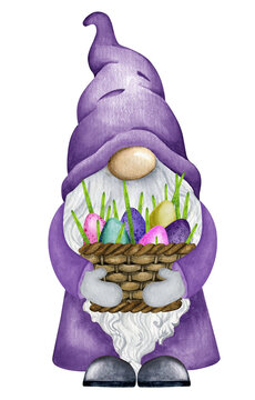 Little cute Easter gnome with colorful eggs basket. Hand drawn watercolor  child illustration. Easter gnome illustration isolated on white background