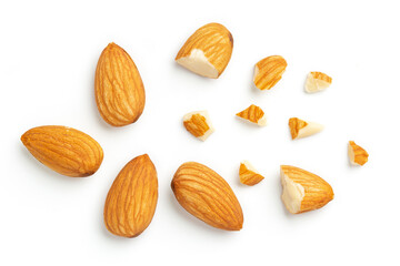 Almonds Top view isolated on a white background
