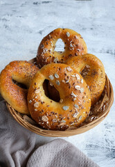 Delicious homemade pastry. Plain Bagel with Flaxseeds and Oats. Can be eaten on its own, with cheese, butter, fruit jams or fish or meat.