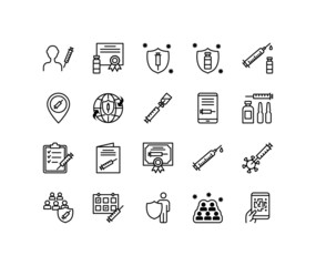 Vaccination flat line icons set. Contains such icons as Covid vaccine, syringe, inject, shield and more. Simple flat vector illustration for web site or mobile app