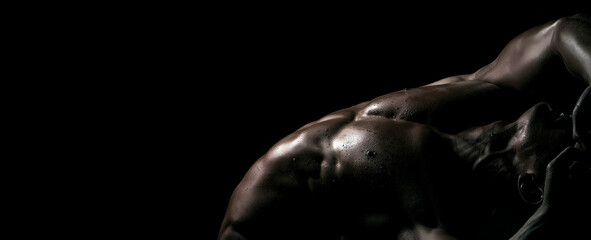 Muscular sexy man. Banner templates with muscular man, muscular torso, six pack abs muscle.