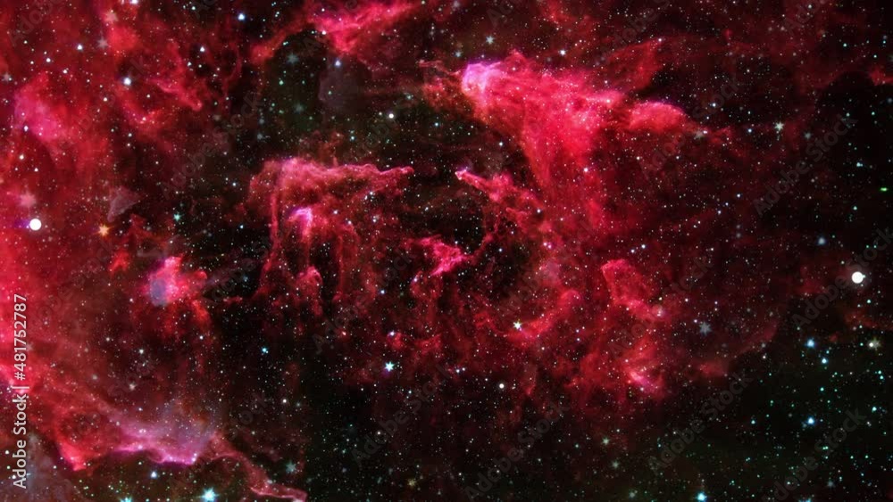 Wall mural abstract loop space flight fly to mysterious glow red nebula cloud in space. space exploration to gl