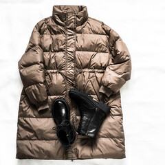 Women's lightweight demi season down jacket and black leather boots on a light background, top view © okkijan2010