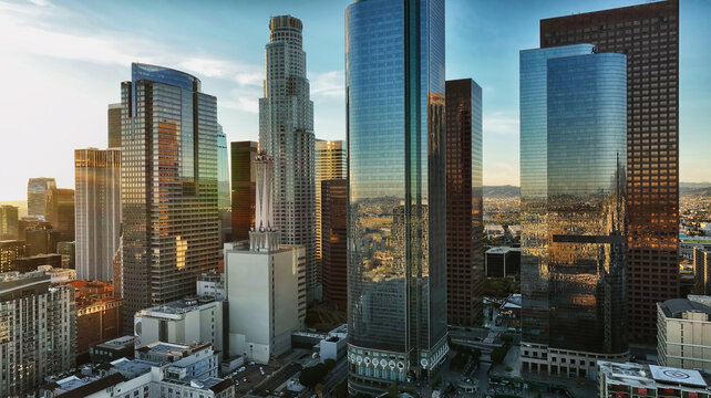 Los Angeles downtown skyline. California theme with LA background. Los angels city, downtown top aerial view with drone. Cityscapes skyline scenic aerial view.